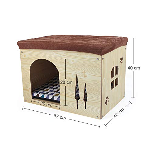 SONGWAY Casa de Madera pour Perro Gato - Taburete Caseta para Mascota con Cojín Extraíble para Cachorro y Gato, 57×40×40cm