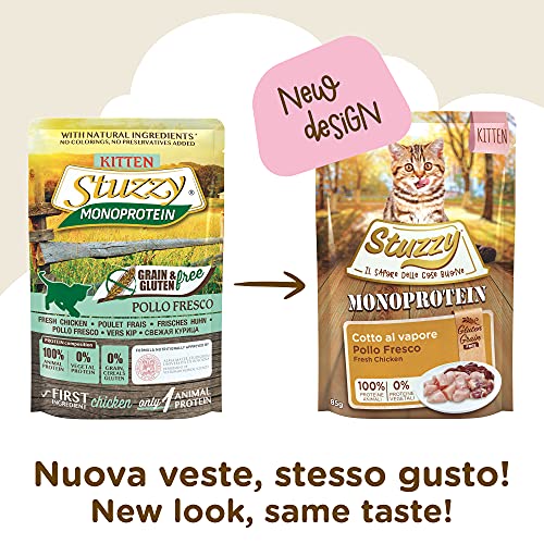 Stuzzy, Comida húmeda para Gatitos, Sabor Pollo Fresco, paté monoproteínico sin Trigo ni Gluten - Total 1,36 kg (16 Sobres x 85 gr)