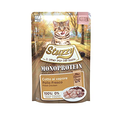 Stuzzy, Comida húmeda para Gatitos, Sabor Pollo Fresco, paté monoproteínico sin Trigo ni Gluten - Total 1,36 kg (16 Sobres x 85 gr)