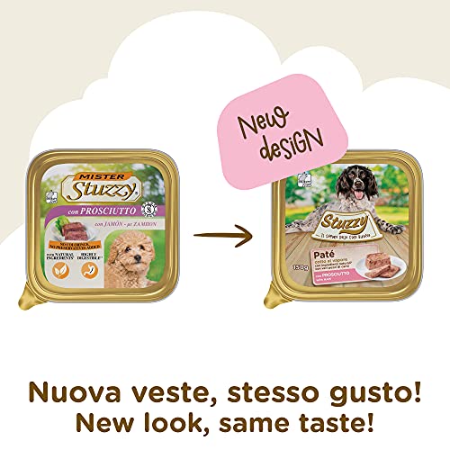 Stuzzy Mister, Comida húmeda para Perros Adultos, Sabor jamón, paté y Carne en trozos - Total 3,3 kg (22 tarrinas x 150 gr)