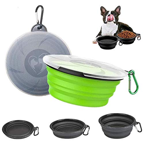 Sunwuun Cuenco Perro, Juego de 2 Viaje Cuenco para Perro Plegable de Silicona para Mascotas Perro Gato Comida Agua con Tapas y mosquetones (Negro y Verde)