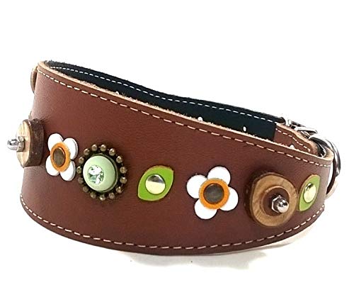 Superpipapo Original Collar de Cuero Marrón para Galgo, Podenco, Whippet y Teckel, Diseño de Moda Muy Diferente y Fashion con Grande Flor Amarilla Girasol, 45 cm Galgo: Cuello 33-38 cm, Ancho 55mm