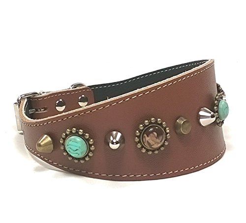 Superpipapo Original Collar de Cuero para Galgo, Podenco, Whippet y Teckel, Diseño Bohemo de Lujo con Piedras Color Turquesa, 40 cm Galgo: Cuello 29-34 cm, Ancho 55mm