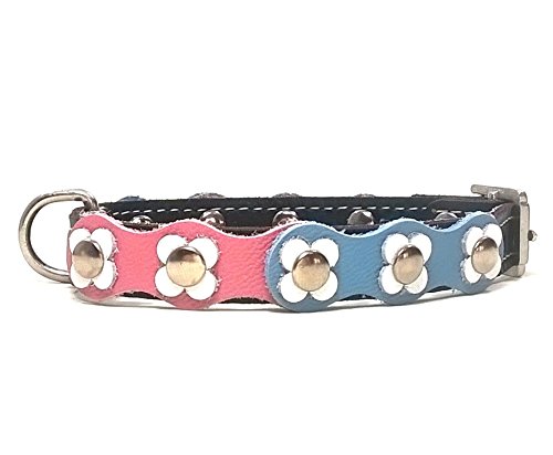 Superpipapo Original Collar de Piel para Perros Pequeños, Cachorros y Chihuahuas, Correa Opcional Diseño Vintage con Flores de Colores, Cuero Rosa Azul Blanco, 25 cm XXXS: Cuello 15-20 cm, Ancho 13mm