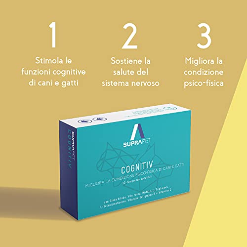 Suprapet Cognitiv Vitamins para perros y gatos Estimulante contra la fatiga 30 comprimidos - Alimento complementario natural con Vitaminas B, Ginkgo Biloba, Arándano, L-Triptófano y Selenio