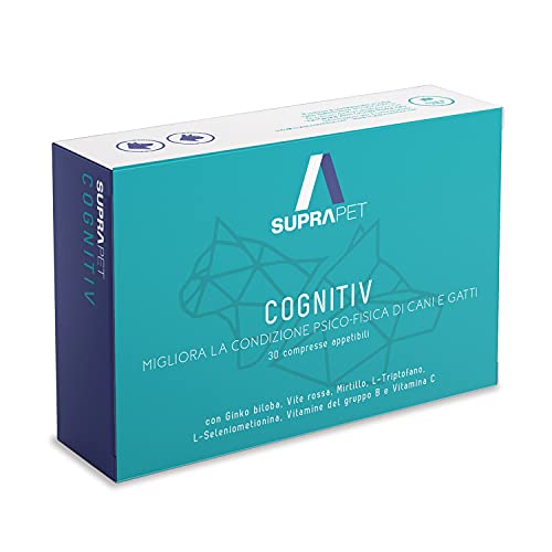 Suprapet Cognitiv Vitamins para perros y gatos Estimulante contra la fatiga 30 comprimidos - Alimento complementario natural con Vitaminas B, Ginkgo Biloba, Arándano, L-Triptófano y Selenio