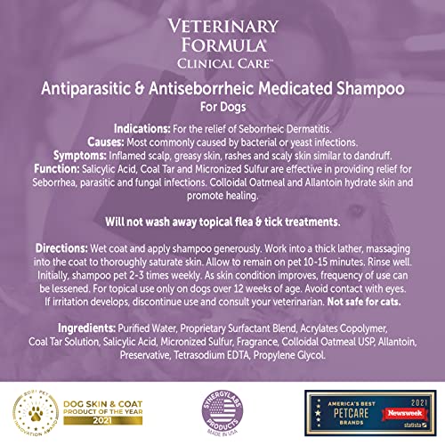 SynergyLabs Fórmula Veterinaria Cuidado clínico antiparasitario y antiseborreico champú medicado para Perros; 16 FL oz