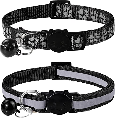 Taglory Collar Gato Reflectante, 2 Piezas Collares para Gatos con Cascabeles y Hebilla Seguro de Liberación Rápida, 19-32cm Negro