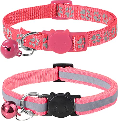 Taglory Collar Gato Reflectante, 2 Piezas Collares para Gatos con Cascabeles y Hebilla Seguro de Liberación Rápida, 19-32cm Rosa