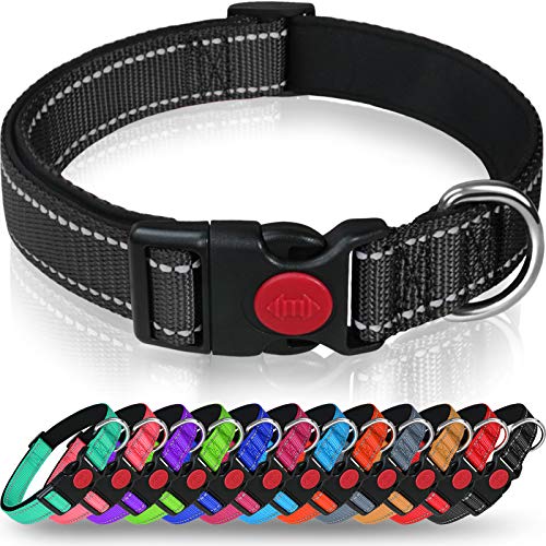 Taglory Collar Perro, Collar Nylon Reflectante Neopreno Forrado Ajustable para Perros Grandes, Negro