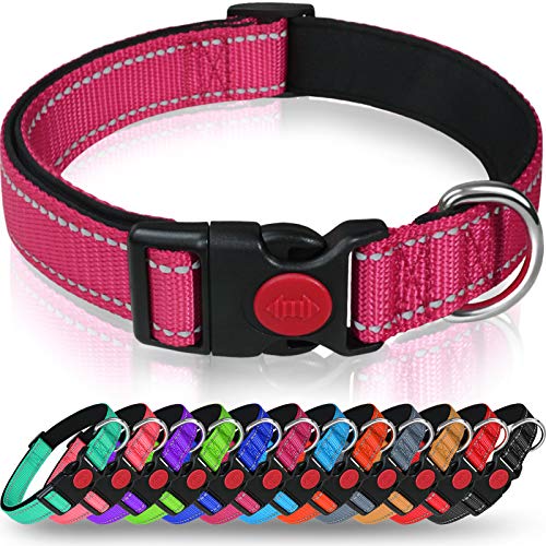 Taglory Collar Perro, Collar Nylon Reflectante Neopreno Forrado Ajustable para Perros Medianos, Fucsia