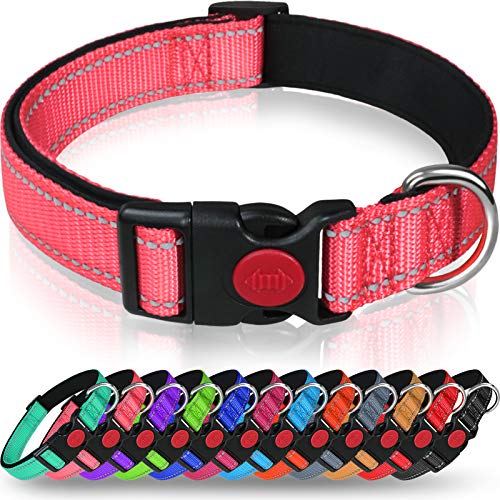 Taglory Collar Perro, Collar Nylon Reflectante Neopreno Forrado Ajustable para Perros Medianos, Rosa