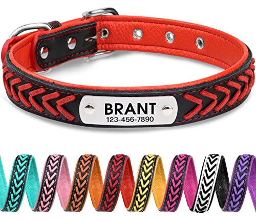 TagME Collares Perros Personalizados,Trenzado Collar Perro Cuero para Perros Medianos,Placa de Identificación de Acero Inoxidable con Nombre y Número de Teléfono Grabados,Rojo M 1 Unidad