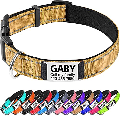 TagME Personalizado Nylon Collares para Perros, Ajustable Reflectante Collar Perro con Acolchados, Etiqueta de Acero Inoxidable Nombre Grabado y Número de Teléfono, Caqui