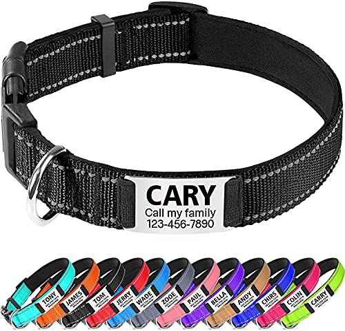 TagME Personalizado Nylon Collares para Perros, Ajustable Reflectante Collar Perro con Acolchados, Etiqueta de Acero Inoxidable Nombre Grabado y Número de Teléfono, Negro