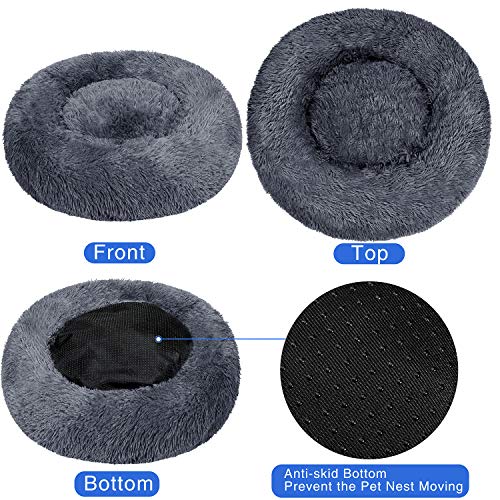 TAMOWA Cama Perro Suave Cama Gato Redonda, Camas de Gatos Perros de Donut con Parte Inferior Antideslizante, Cómodo Suave y Cálida Cama para Mascotas Gatos y Perros Pequeños, 70cm, Gris Oscuro