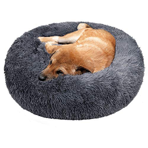 TAMOWA Cama Perro Suave Cama Gato Redonda, Camas de Gatos Perros de Donut con Parte Inferior Antideslizante, Cómodo Suave y Cálida Cama para Mascotas Gatos y Perros Pequeños, 70cm, Gris Oscuro