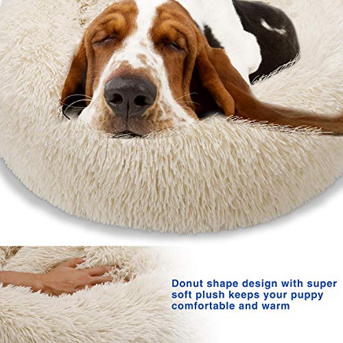 TAMOWA Cama Perro Suave Cama Gato Redonda, Camas de Gatos Perros de Donut con Parte Inferior Antideslizante, Cómodo Suave y Cálida Cama para Mascotas Gatos y Perros Pequeños, 50cm, Beige