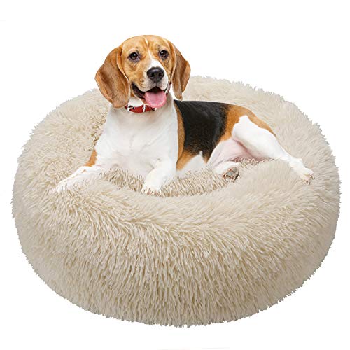 TAMOWA Cama Perro Suave Cama Gato Redonda, Camas de Gatos Perros de Donut con Parte Inferior Antideslizante, Cómodo Suave y Cálida Cama para Mascotas Gatos y Perros Pequeños, 50cm, Beige