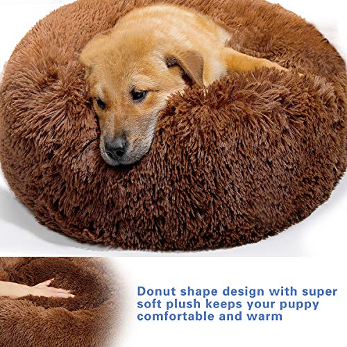 TAMOWA Cama Perro Suave Cama Gato Redonda, Camas de Gatos Perros de Donut con Parte Inferior Antideslizante, Cómodo Suave y Cálida Cama para Mascotas Gatos y Perros Pequeños, 50cm, Marrón