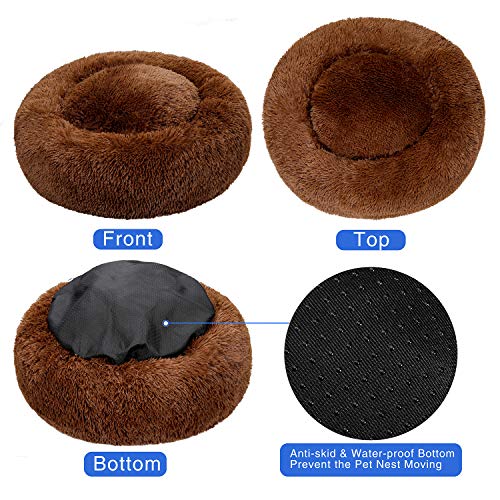 TAMOWA Cama Perro Suave Cama Gato Redonda, Camas de Gatos Perros de Donut con Parte Inferior Antideslizante, Cómodo Suave y Cálida Cama para Mascotas Gatos y Perros Pequeños, 50cm, Marrón