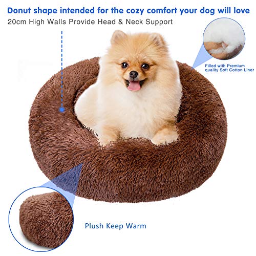 TAMOWA Cama Perro Suave Cama Gato Redonda, Camas de Gatos Perros de Donut con Parte Inferior Antideslizante, Cómodo Suave y Cálida Cama para Mascotas Gatos y Perros Pequeños, 50cm, Marrón