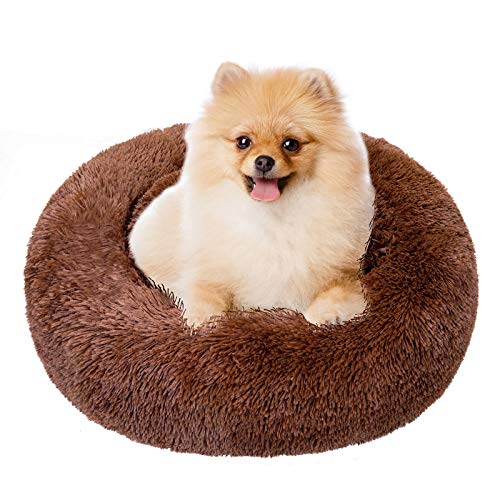 TAMOWA Cama Perro Suave Cama Gato Redonda, Camas de Gatos Perros de Donut con Parte Inferior Antideslizante, Cómodo Suave y Cálida Cama para Mascotas Gatos y Perros Pequeños, 50cm, Marrón