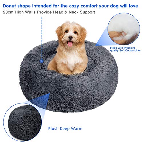 TAMOWA Cama Perro Suave Cama Gato Redonda, Camas de Gatos Perros de Donut con Parte Inferior Antideslizante, Cómodo Suave y Cálida Cama para Mascotas Gatos y Perros Pequeños, 80cm, Gris Oscuro