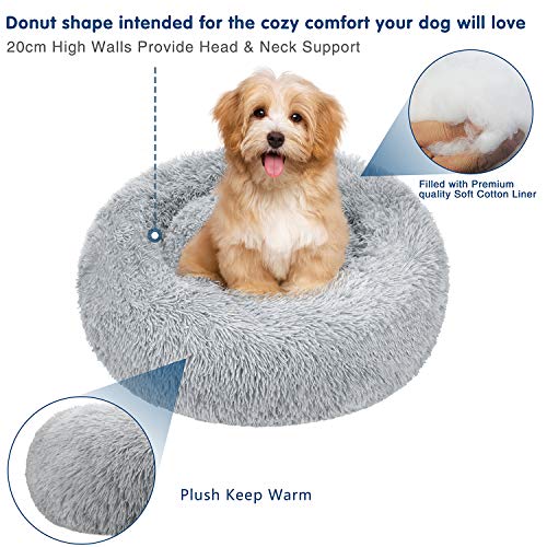 TAMOWA Cama Perro Suave Cama Gato Redonda, Camas de Gatos Perros de Donut con Parte Inferior Antideslizante, Cómodo Suave y Cálida Cama para Mascotas Gatos y Perros Pequeños, 80cm, Gris Claro