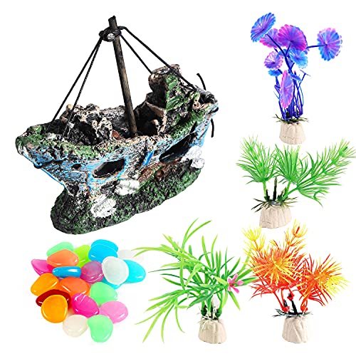 Taolele Decorations Adornos de Pecera - Material de Resina Decoraciones de Barco Hundido con Plantas de Plástico de Acuario y Piedra Luminosa para Accesorios de Pecera