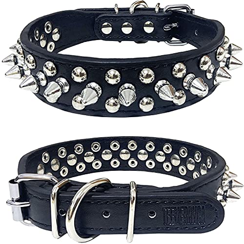 TEEMERRYCA Collar de Cuero con Pinchos para Perros pequeños, medianos y Grandes(Black-M)