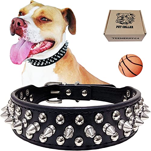 TEEMERRYCA Collar de Cuero con Pinchos para Perros pequeños, medianos y Grandes(Black-M)