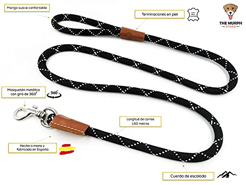 The Murph Store - Correa Perro, Hecha con Cuerda Escalada y Piel autentica, Hecha en España, Correa Resistente de 12mm en Distintos Colores. Correa para Perros (Negro)