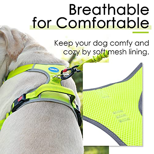 ThinkPet - Arnés deportivo para perros, transpirable, con asa, sin tirones, conjunto de chaleco de seguridad reflectante acolchado y correa reflectante de neón, tamaño S, color verde/1,5 m