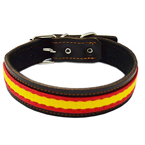 Tiendas LGP - Collar para Perros de Piel Flor con Bandera de España, 3 x 53 cm, Color Marrón