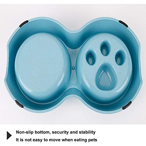 Tineer Cuenco Lento del alimentador del Perro casero Doble, alimento del Perrito de la Anti-obstrucción del Acero Inoxidable y alimentador del Agua para los Gatos del Perro (Azul)