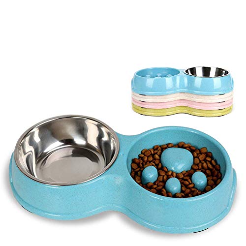 Tineer Cuenco Lento del alimentador del Perro casero Doble, alimento del Perrito de la Anti-obstrucción del Acero Inoxidable y alimentador del Agua para los Gatos del Perro (Azul)