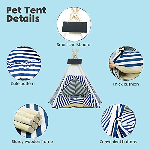 Tipi | Tienda para Mascotas De Tamaño Mediano - Cama para Perros | Gatos con Almohadas - Tiendas De Campaña | Casas para Mascotas con Almohada Gruesa Y Tabla (Rayas Azules)