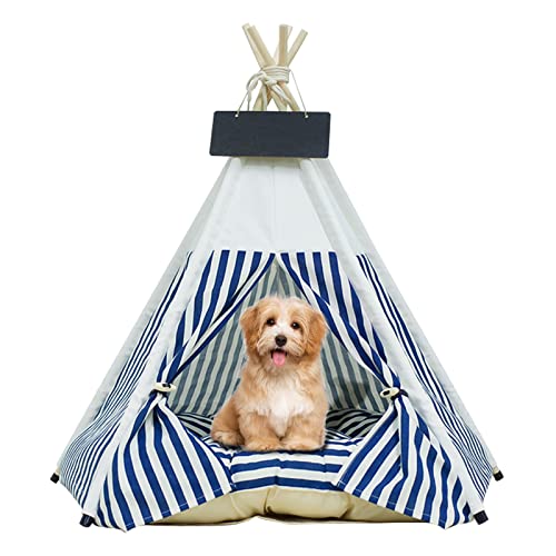 Tipi | Tienda para Mascotas De Tamaño Mediano - Cama para Perros | Gatos con Almohadas - Tiendas De Campaña | Casas para Mascotas con Almohada Gruesa Y Tabla (Rayas Azules)