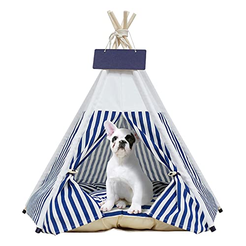 Tipi | Tienda para Mascotas De Tamaño Mediano - Cama para Perros | Gatos con Almohadas - Tiendas De Campaña | Casas para Mascotas con Almohada Gruesa Y Tabla (Rayas Azules)