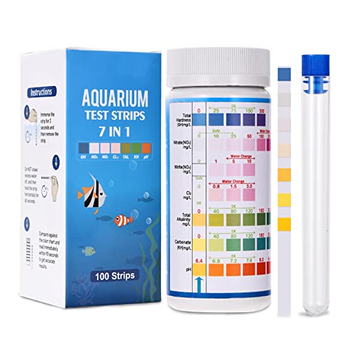 Tiras de prueba de acuario 7 en 1, kit de prueba de acuario, kit de prueba de agua de agua dulce salada para acuario, nitrito, nitrato, dureza, pH, cloro, carbonato, alcalinidad (100 tiras)