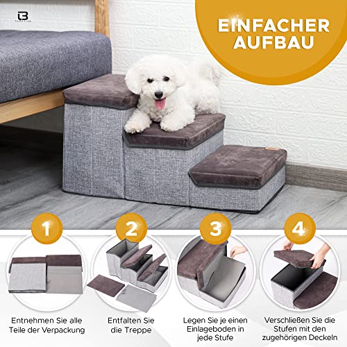 ToBu Line® Escalera para perros de alta calidad, plegable, con mucho espacio de almacenamiento en los peldaños, soporta hasta 30 kg, también adecuada como escalera para gatos. De empresa alemana.