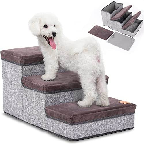 ToBu Line® Escalera para perros de alta calidad, plegable, con mucho espacio de almacenamiento en los peldaños, soporta hasta 30 kg, también adecuada como escalera para gatos. De empresa alemana.