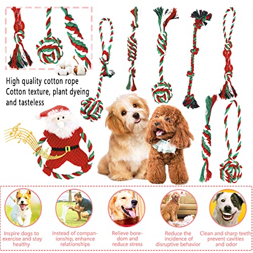 Tonsooze Juego de Juguete de Navidad para Perros, 8 Piezas de Juguetes Interactivos para Perros Juego de Juguetes de Cuerda para Masticar Juguetes de Cuerda de Algodón Trenzado Natural para Perros