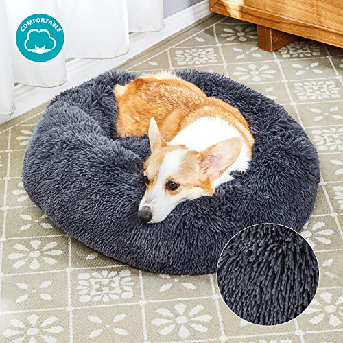 Toozey Cama para Perros Gatos Lavable, Cama Redonda Felpa para Perros Antiestres, Cojín para Perrito Pequeños Medianos Grandes Perros y Gatos, Suelo Antideslizante, Gris, Ø 60CM - L