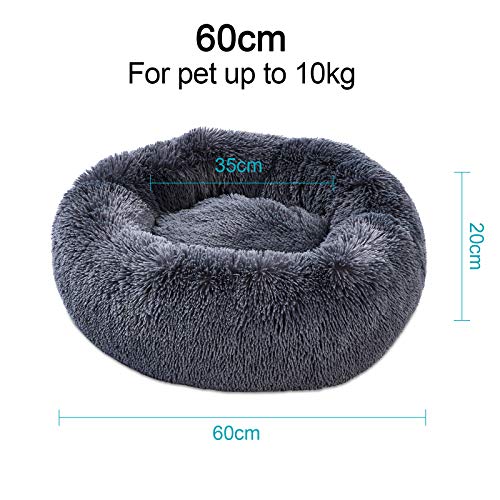 Toozey Cama para Perros Gatos Lavable, Cama Redonda Felpa para Perros Antiestres, Cojín para Perrito Pequeños Medianos Grandes Perros y Gatos, Suelo Antideslizante, Gris, Ø 60CM - L