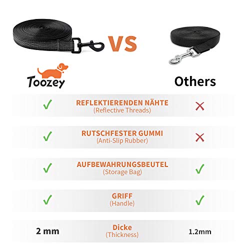 Toozey Correa de Adiestramiento para Perros, 5 m, 10 m, 15 m, 20 m, Correa Perro Larga de Goma para Perro o Mascotas pequeños y Grandes con Correa de Mano y Bolsa de Almacenamiento, Negro, 5m x 2.5cm