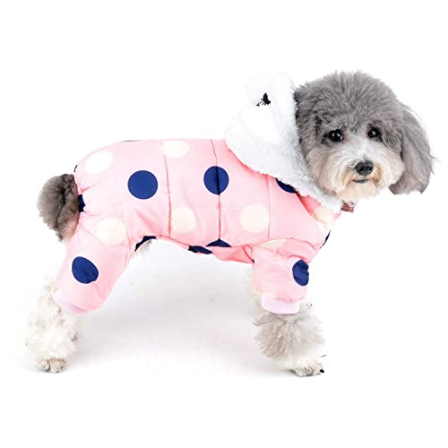 Traje de Nieve Impermeable con Patas para Perros pequeños Abrigo de Invierno cálido Sudadera con Capucha para Cachorro con Forro Polar y Orejas Mono de Lunares a Prueba de Viento (Rosa XXL (Pecho: 20