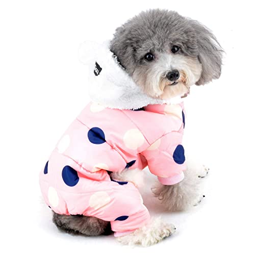 Traje de Nieve Impermeable con Patas para Perros pequeños Abrigo de Invierno cálido Sudadera con Capucha para Cachorro con Forro Polar y Orejas Mono de Lunares a Prueba de Viento (Rosa XXL (Pecho: 20