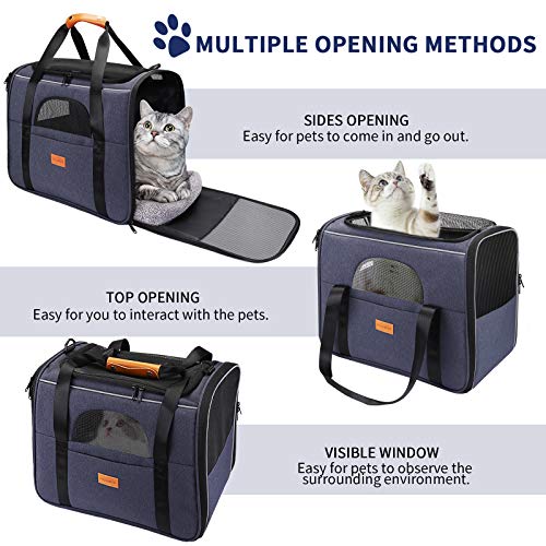 Transportín Gato Perro, Bolsa de Transporte Plegable para Mascota, Transportín de Viaje Portátil y Transpirable con Correa Interior de Seguridad + Tazón, Ideal para Gatos Perritos de Menos de 15lbs